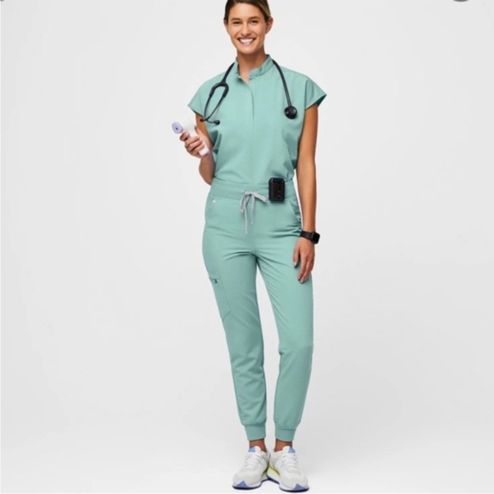 FIGS Seaglass small oversized scrub top and large scrub bottoms